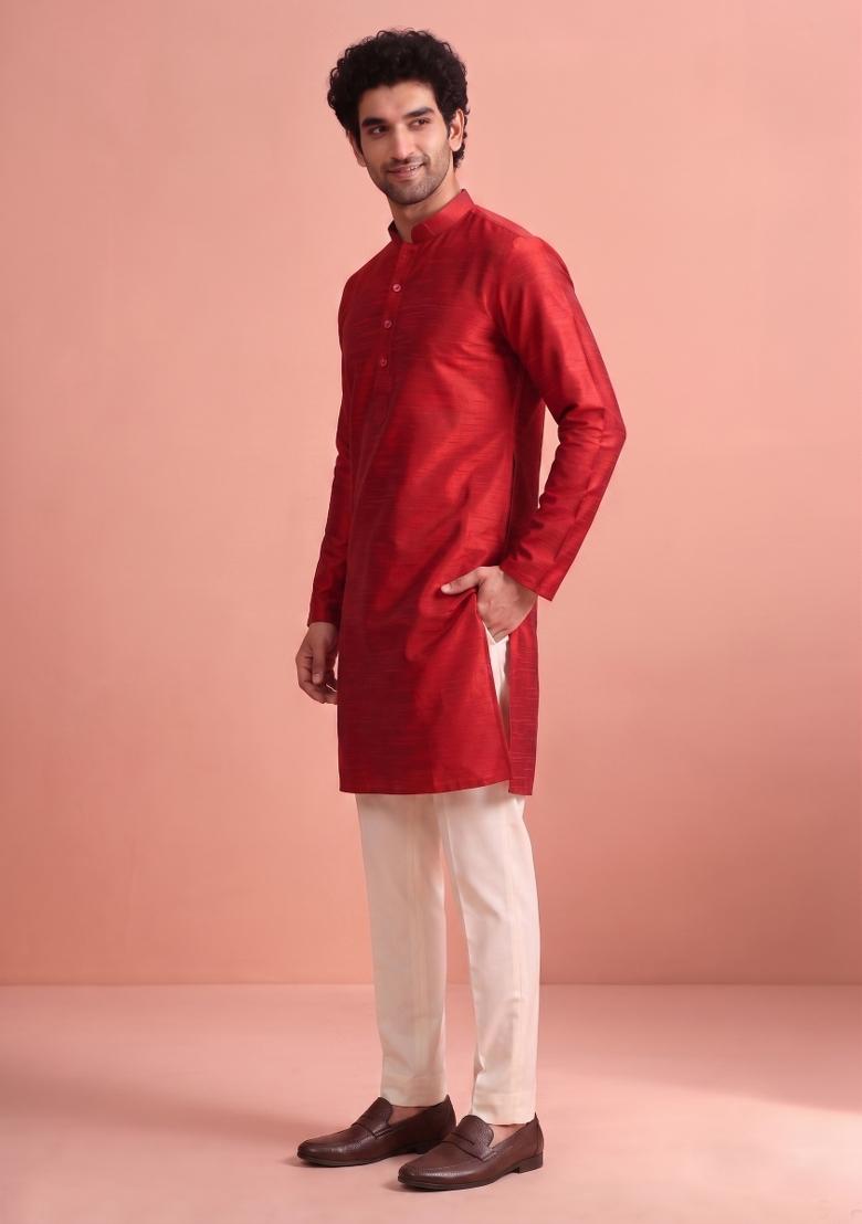 Red Solid Silk Kurta Pajama For Men - Indya
