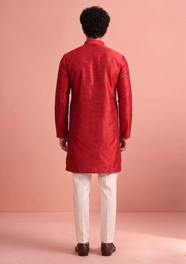 Red Solid Silk Kurta Pajama For Men - Indya