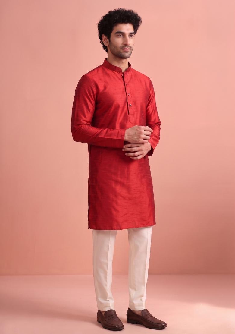 Red Solid Silk Kurta Pajama For Men - Indya
