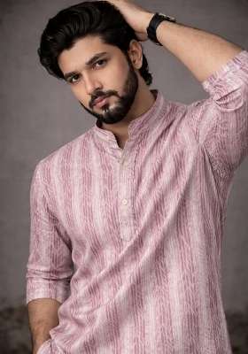Pink Printed Linen Kurta For Men