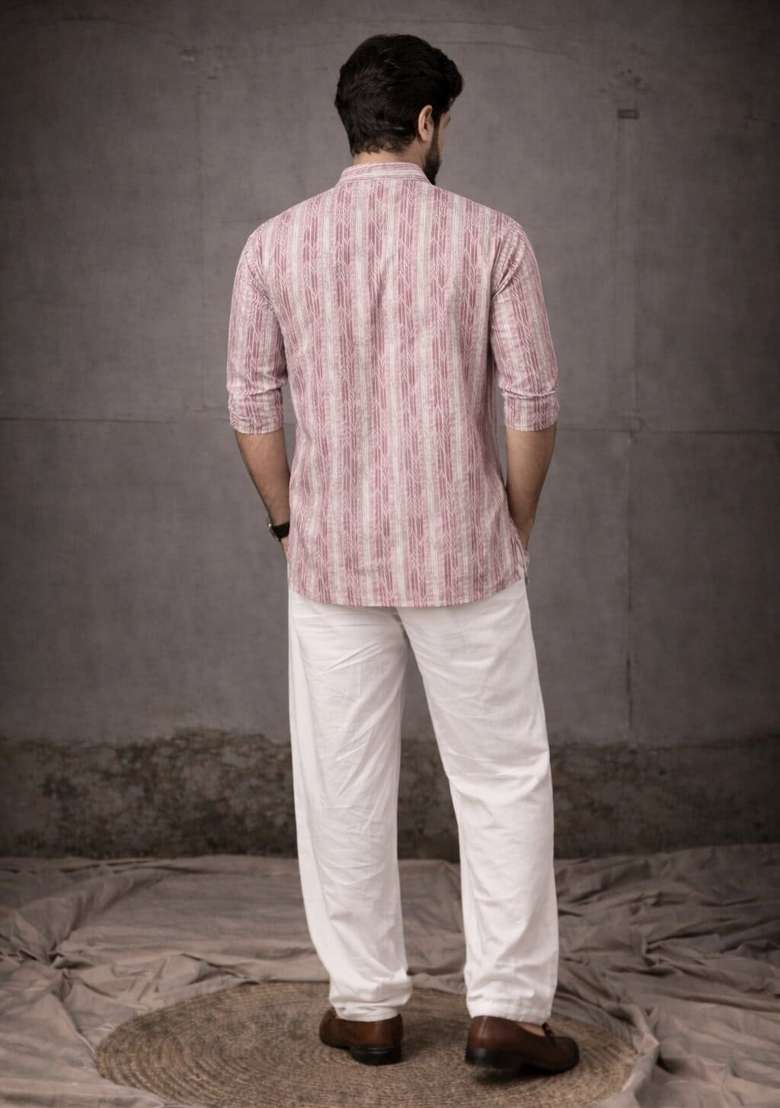 Pink Printed Linen Kurta For Men - Indya
