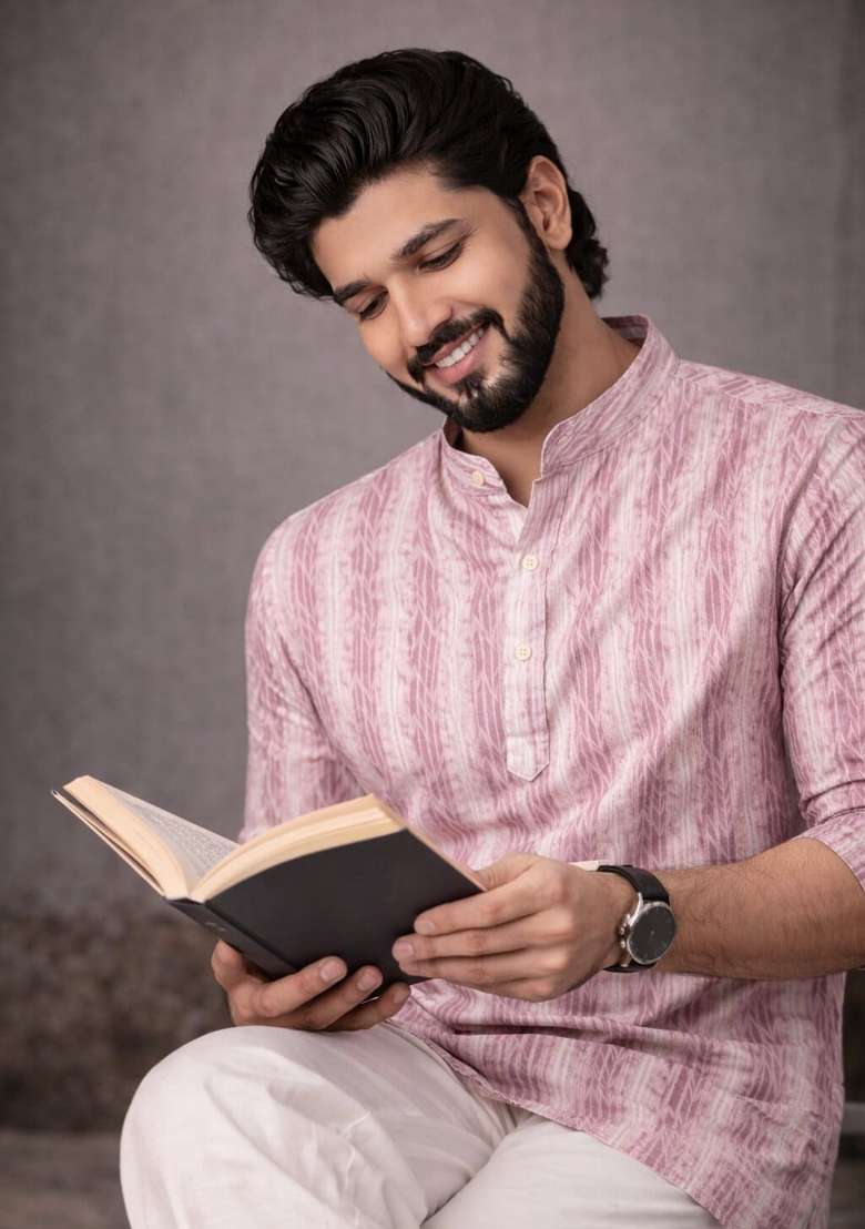 Pink Printed Linen Kurta For Men - Indya