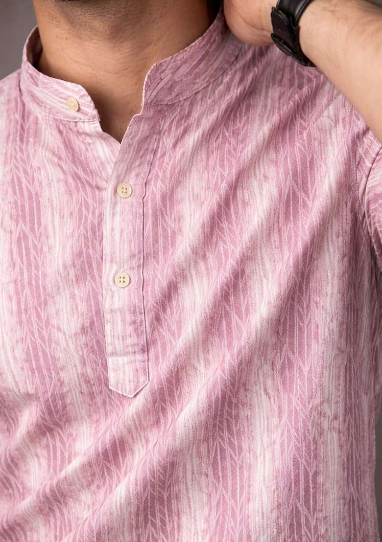 Pink Printed Linen Kurta For Men - Indya