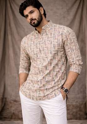 White Printed Linen Kurta For Men