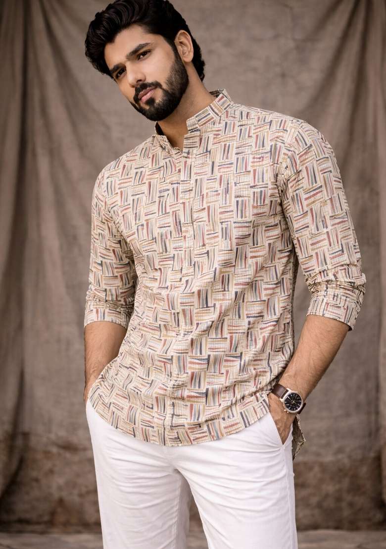 White Printed Linen Kurta For Men - Indya