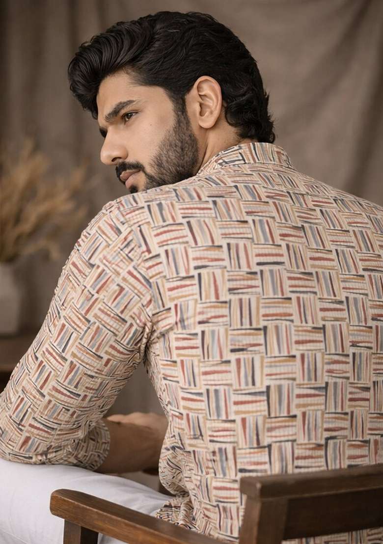 White Printed Linen Kurta For Men - Indya