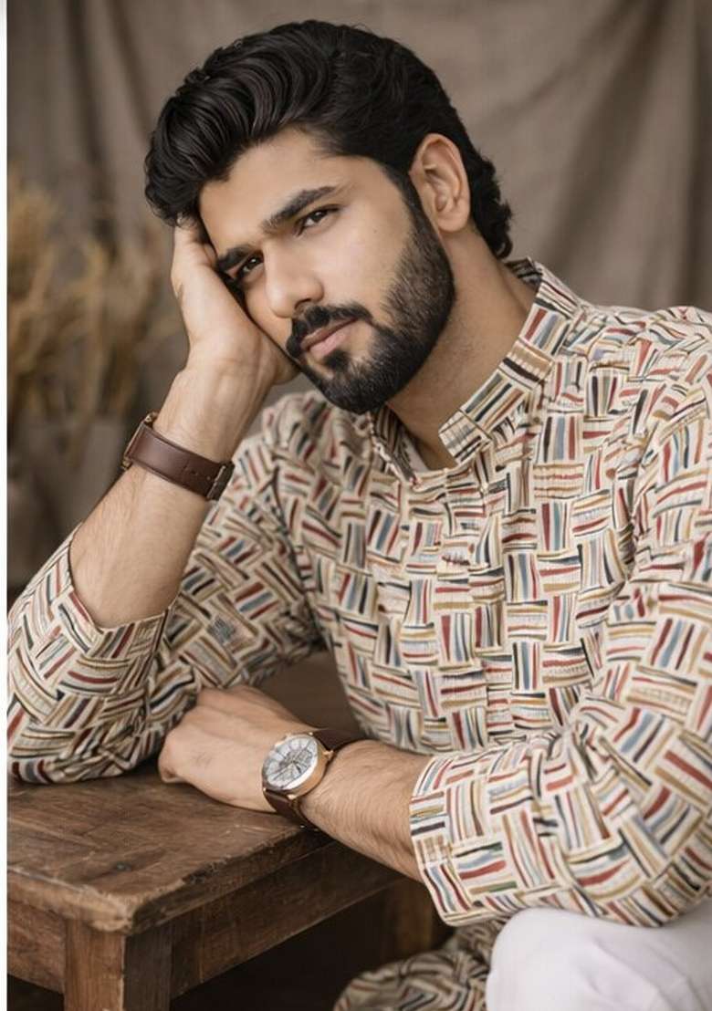 White Printed Linen Kurta For Men - Indya