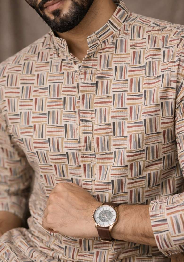 White Printed Linen Kurta For Men - Indya