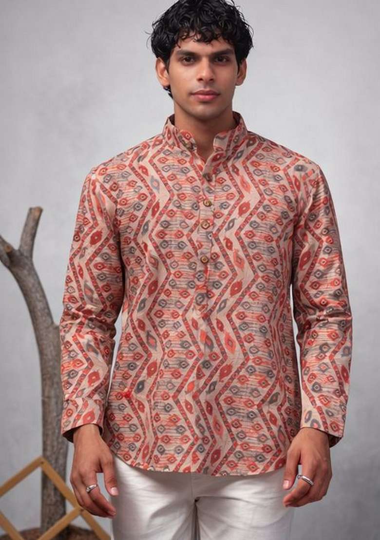 Multicolor Printed Linen Kurta For Men - Indya