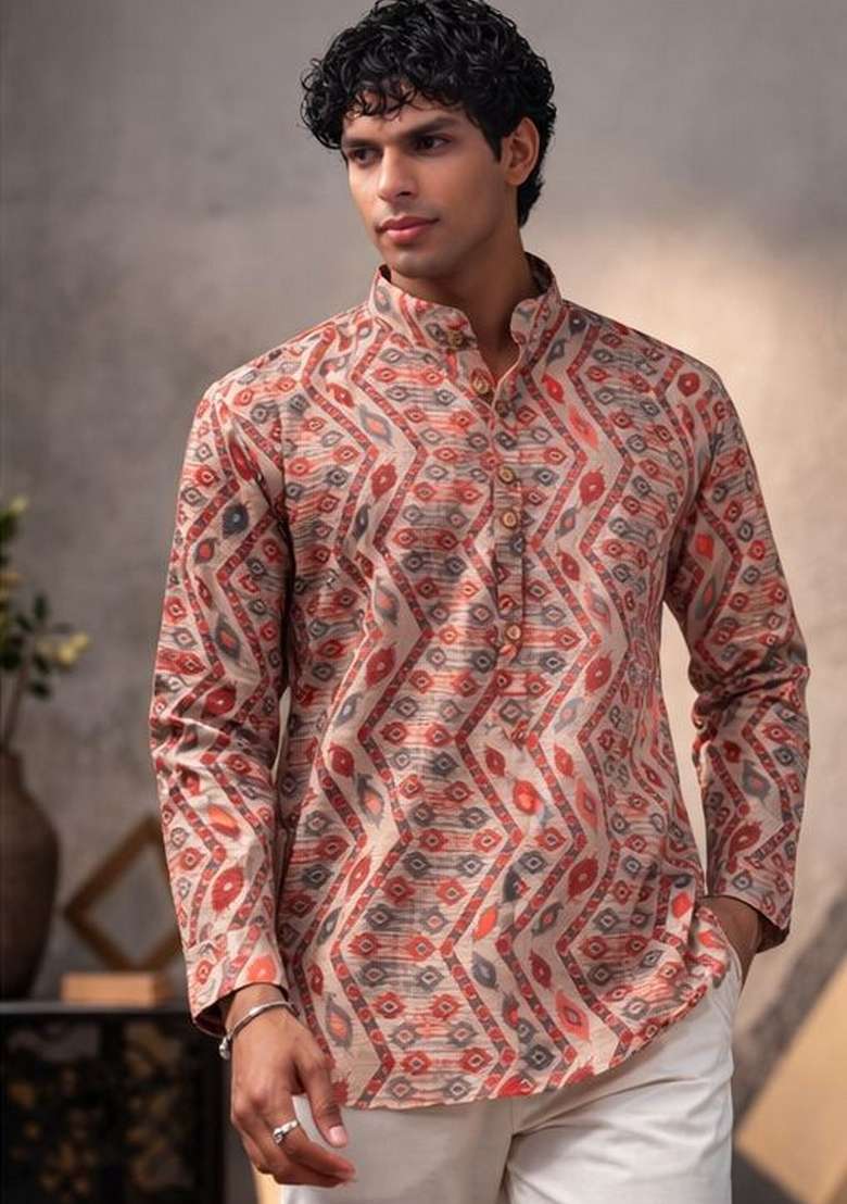 Multicolor Printed Linen Kurta For Men - Indya