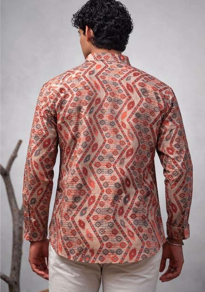 Multicolor Printed Linen Kurta For Men - Indya
