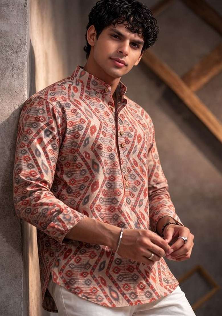 Multicolor Printed Linen Kurta For Men - Indya