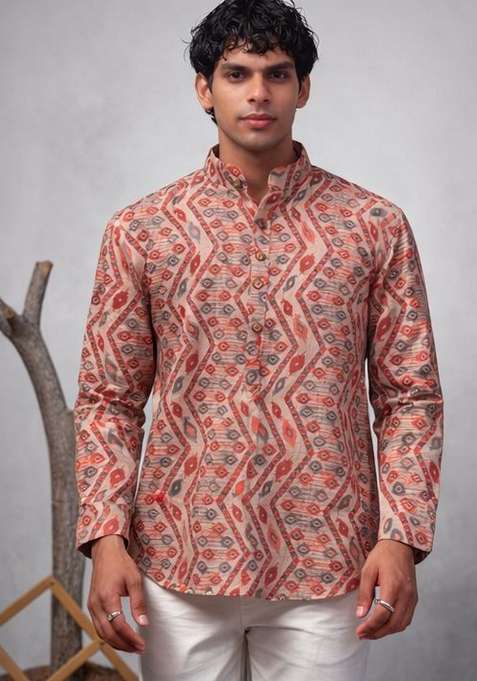 Multicolor Printed Linen Kurta For Men