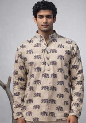 White Printed Linen Kurta For Men