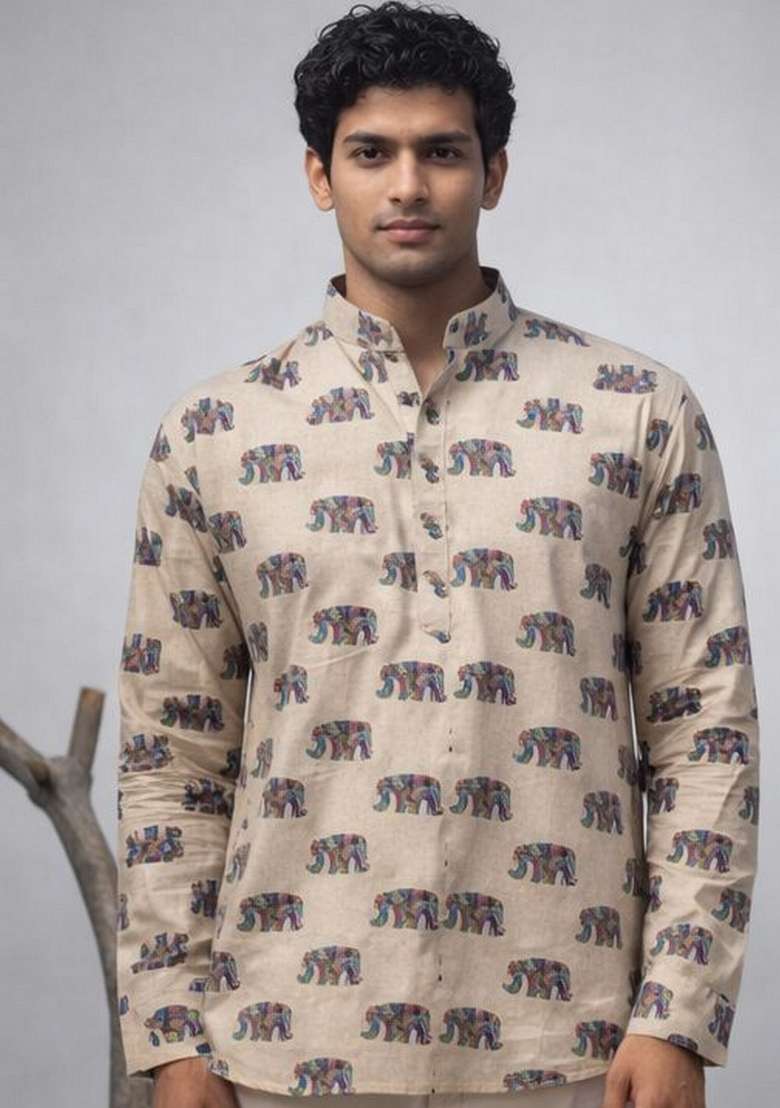 White Printed Linen Kurta For Men - Indya