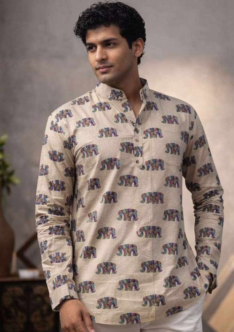 White Printed Linen Kurta For Men - Indya