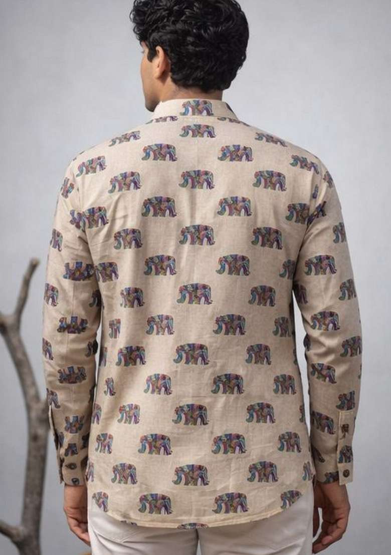 White Printed Linen Kurta For Men - Indya