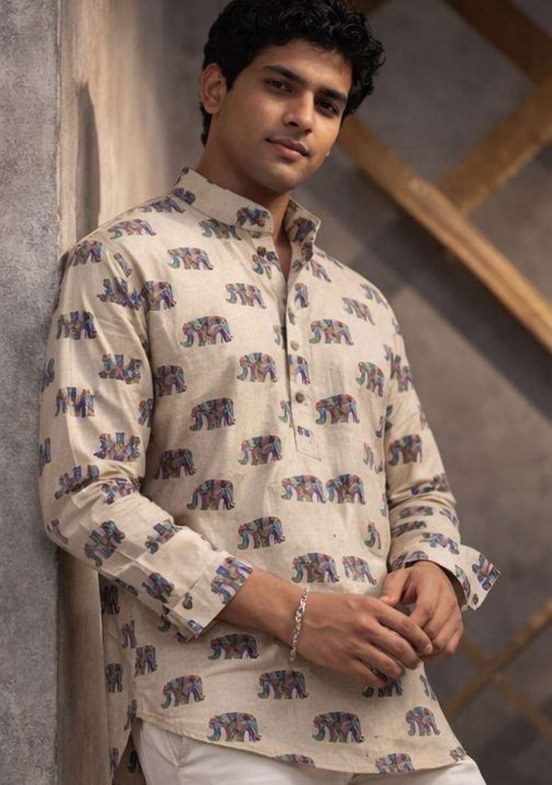 White Printed Linen Kurta For Men - Indya