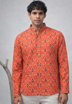 Orange Printed Linen Kurta For Men