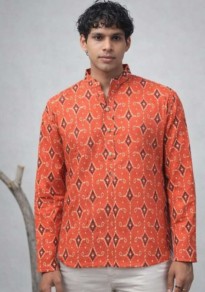Orange Printed Linen Kurta For Men - Indya