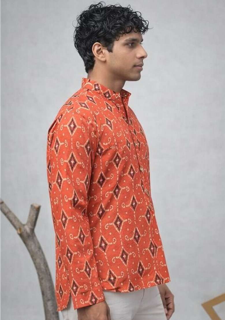 Orange Printed Linen Kurta For Men - Indya