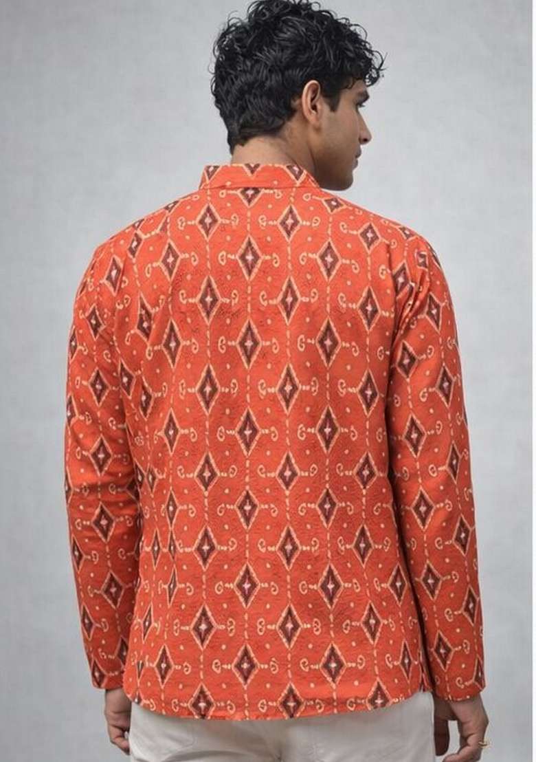 Orange Printed Linen Kurta For Men - Indya