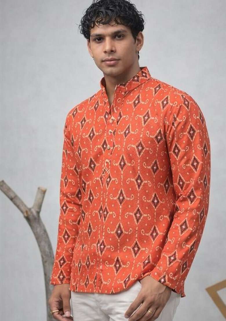 Orange Printed Linen Kurta For Men - Indya