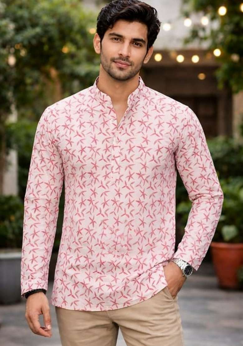 White Printed Linen Kurta For Men - Indya