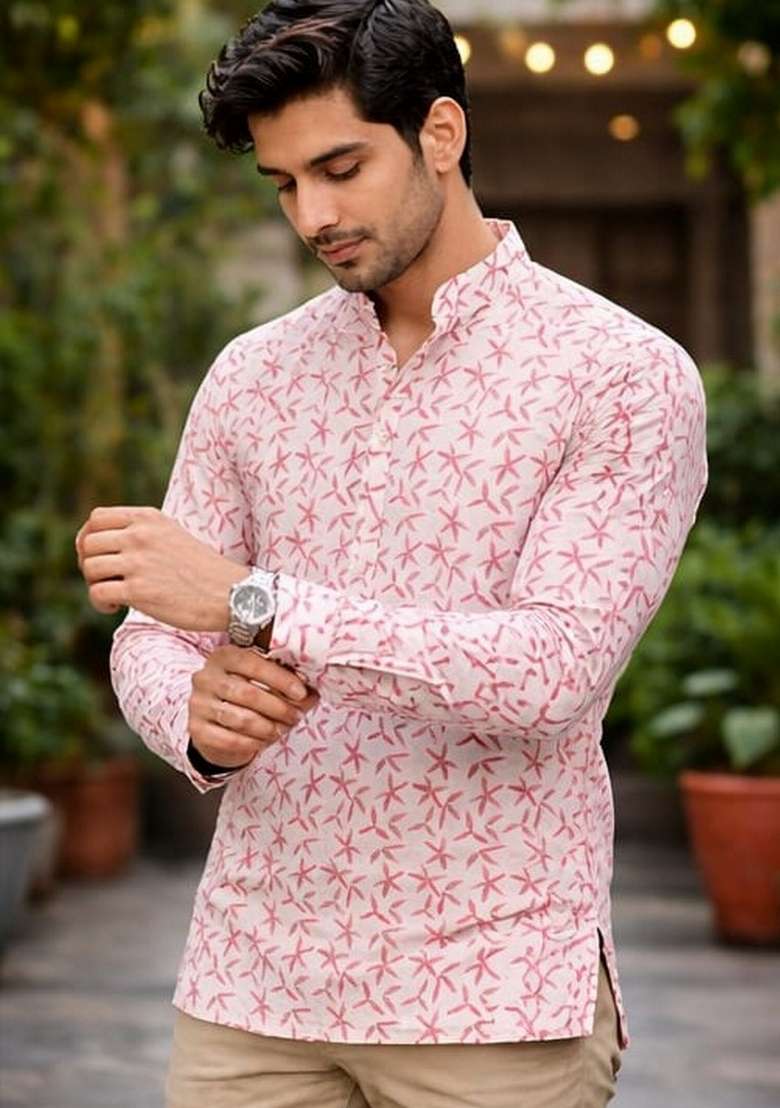 White Printed Linen Kurta For Men - Indya