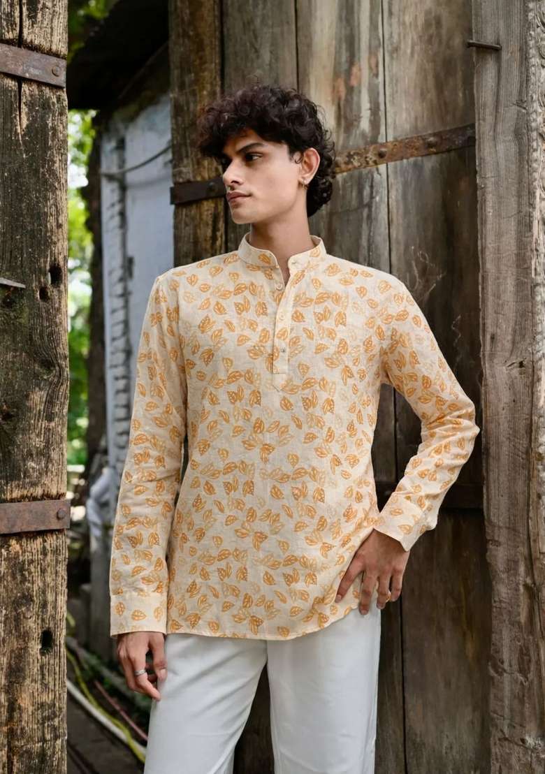 Yellow Printed Linen Kurta For Men - Indya