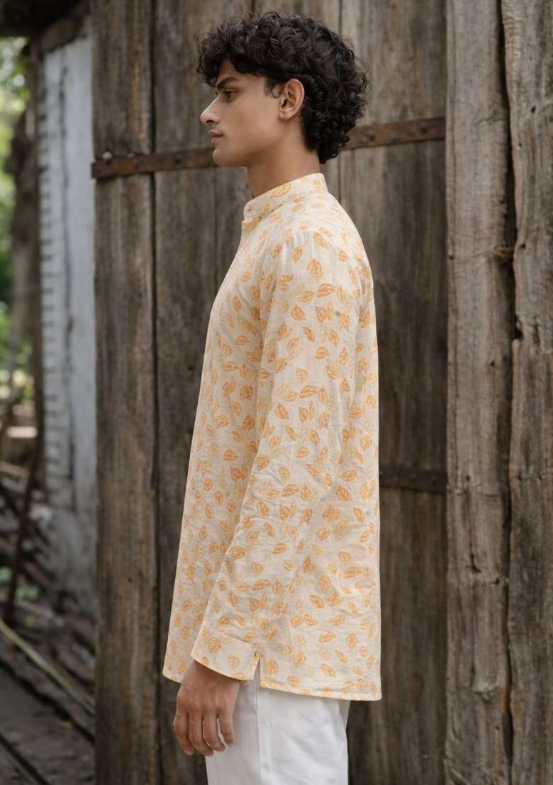 Yellow Printed Linen Kurta For Men - Indya