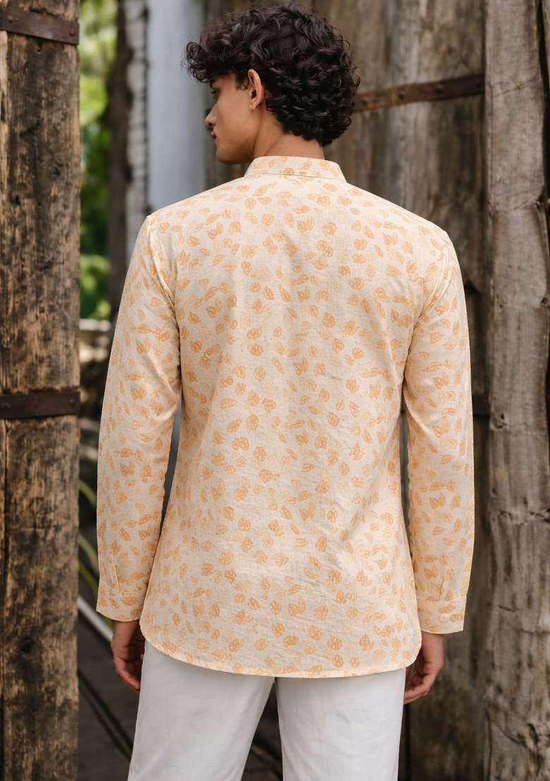 Yellow Printed Linen Kurta For Men - Indya