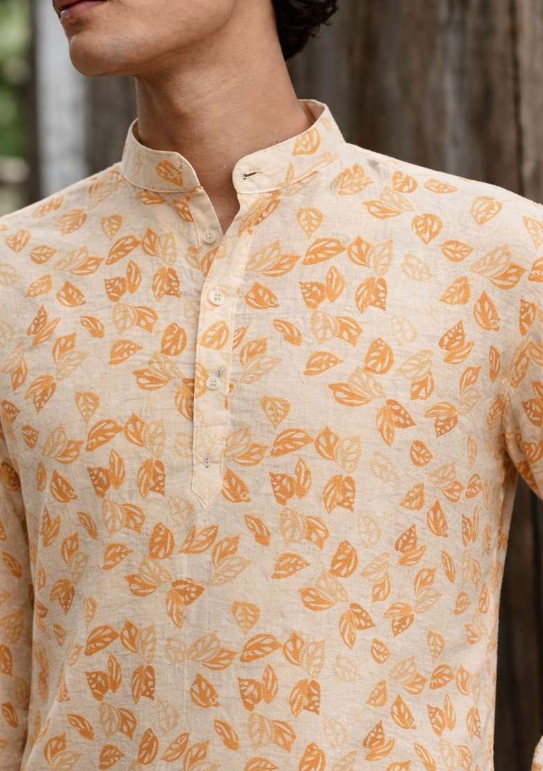 Yellow Printed Linen Kurta For Men - Indya