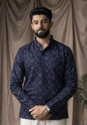 Black Printed Linen Kurta For Men
