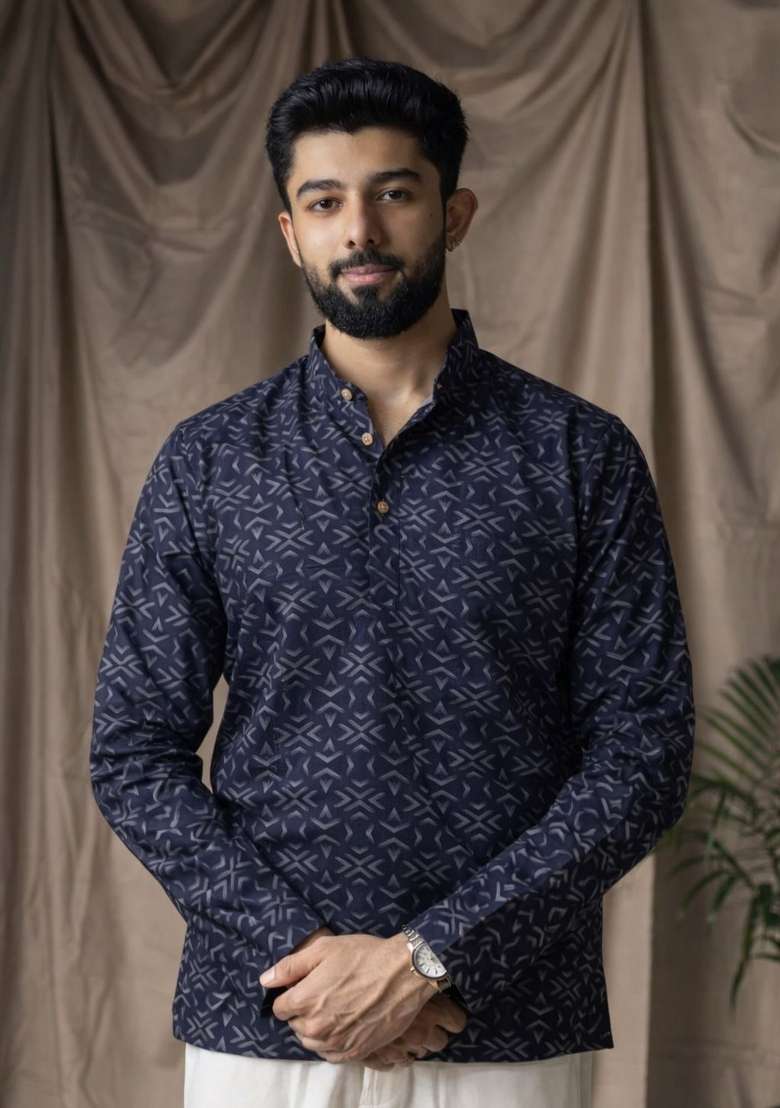 Black Printed Linen Kurta For Men - Indya
