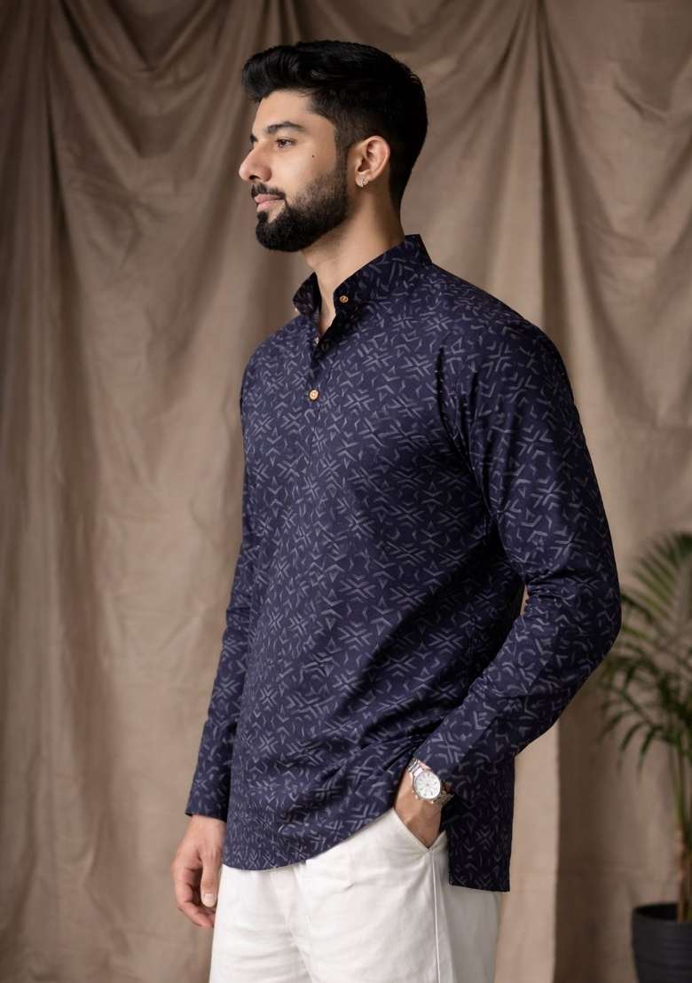 Black Printed Linen Kurta For Men - Indya
