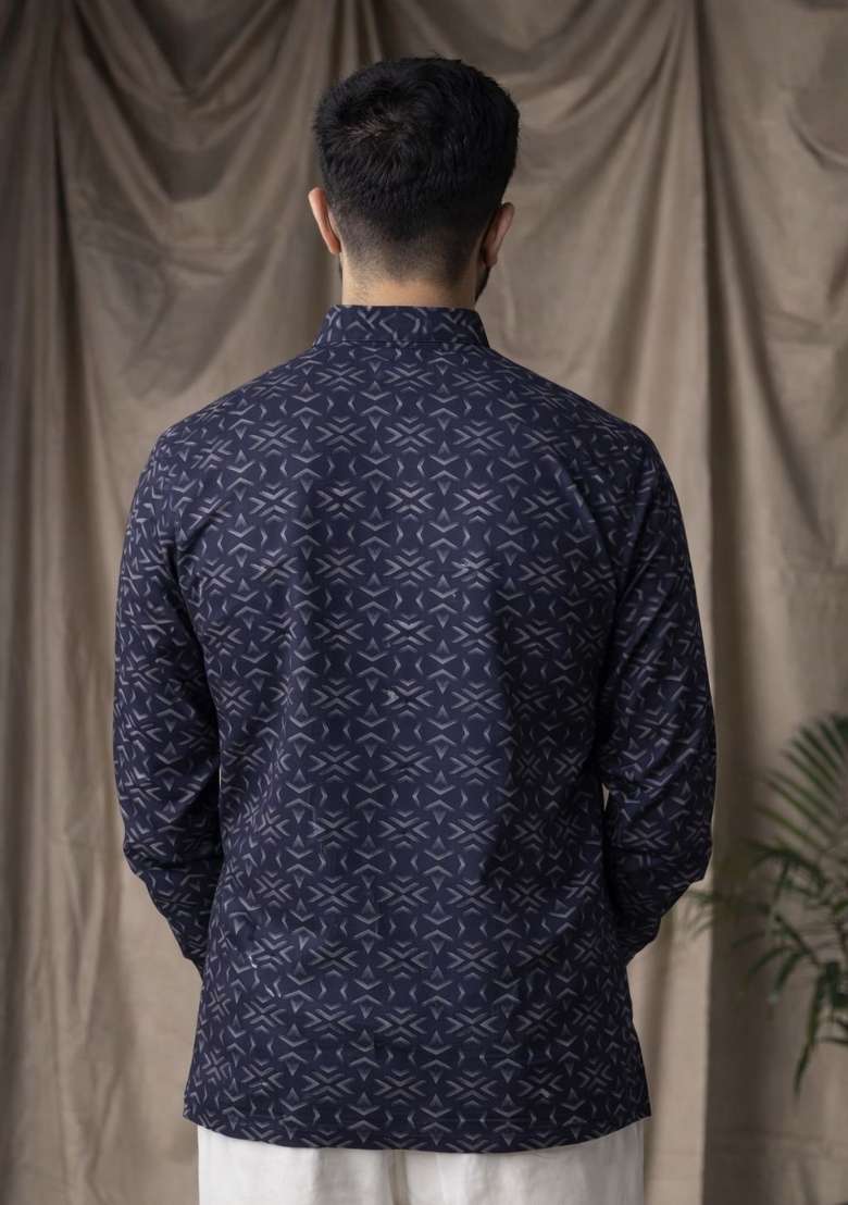 Black Printed Linen Kurta For Men - Indya