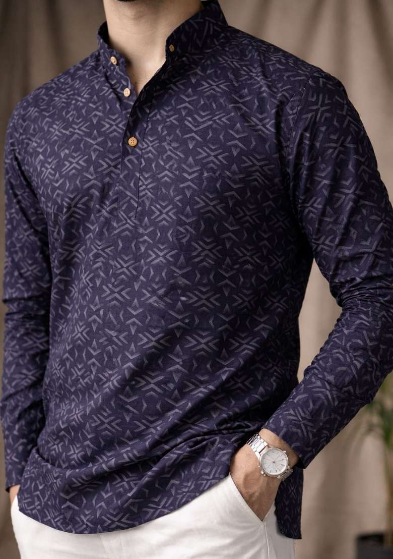 Black Printed Linen Kurta For Men - Indya