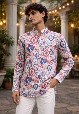 Multicolor Printed Linen Kurta For Men