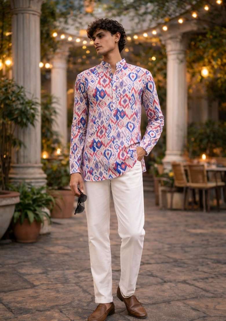 Multicolor Printed Linen Kurta For Men - Indya