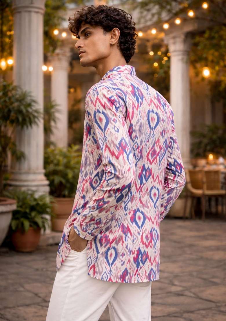 Multicolor Printed Linen Kurta For Men - Indya