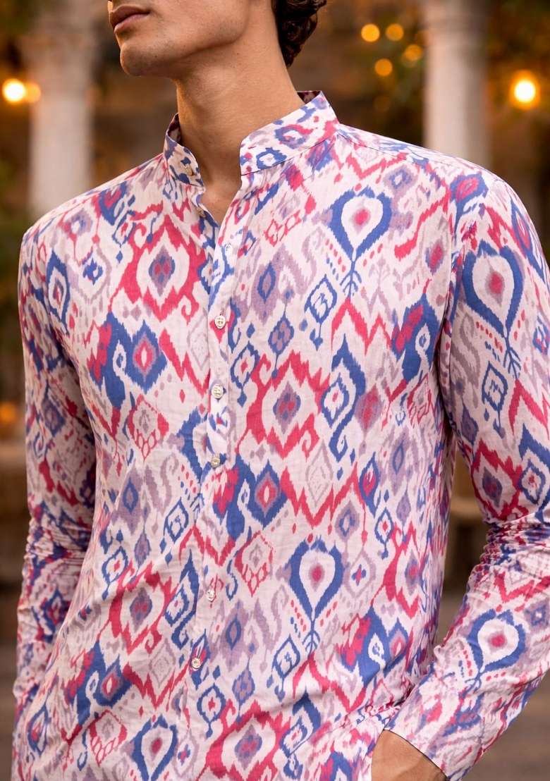 Multicolor Printed Linen Kurta For Men - Indya