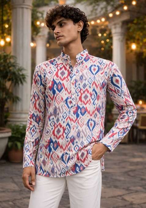 Multicolor Printed Linen Kurta For Men