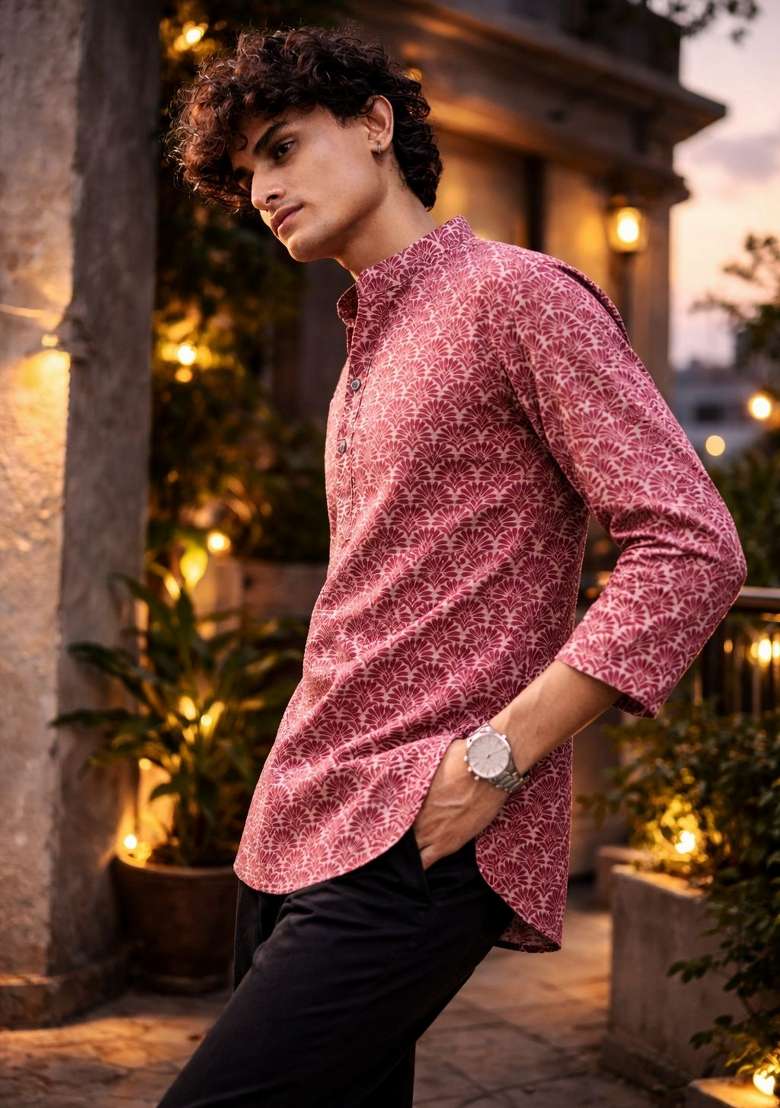 Maroon Printed Linen Kurta For Men - Indya