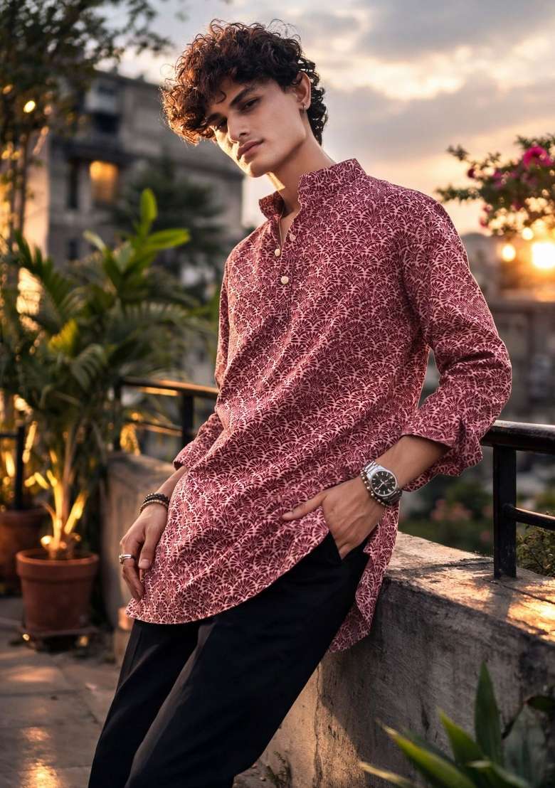 Maroon Printed Linen Kurta For Men - Indya