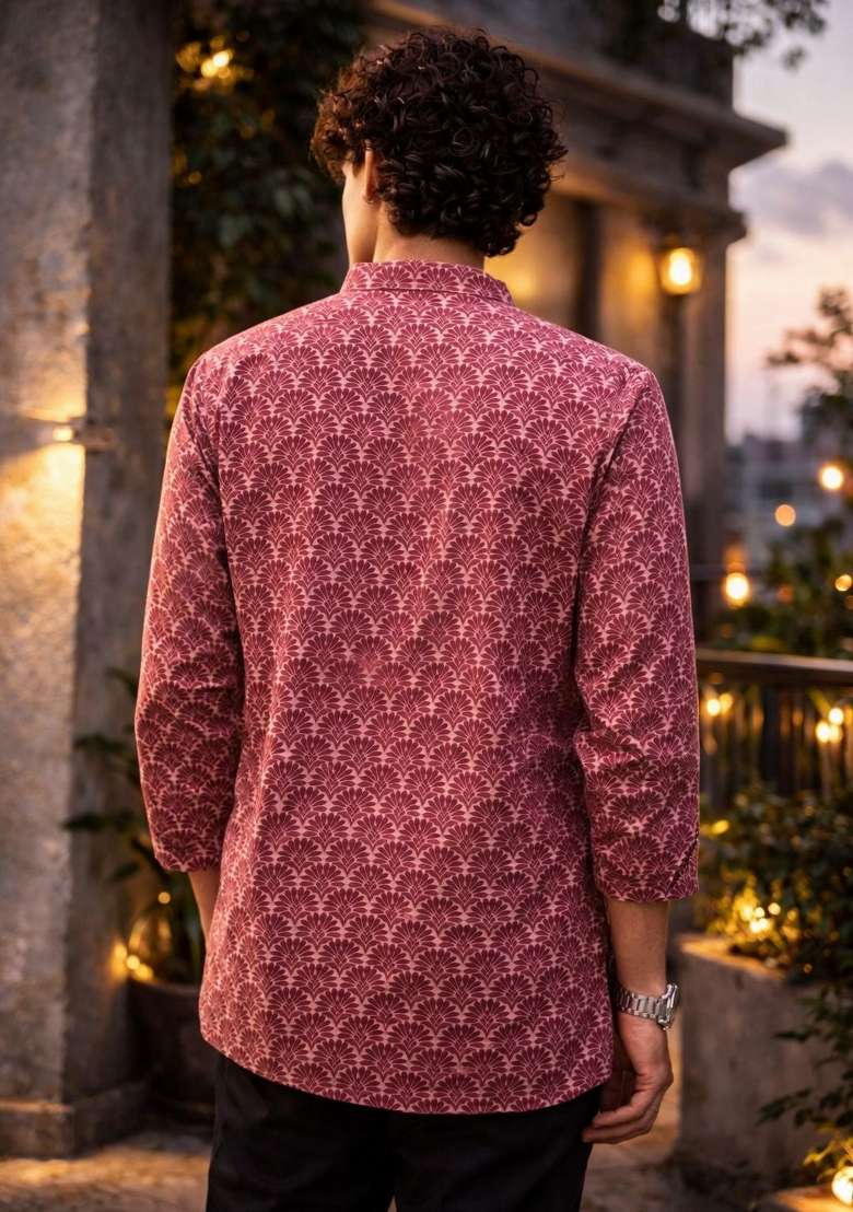 Maroon Printed Linen Kurta For Men - Indya