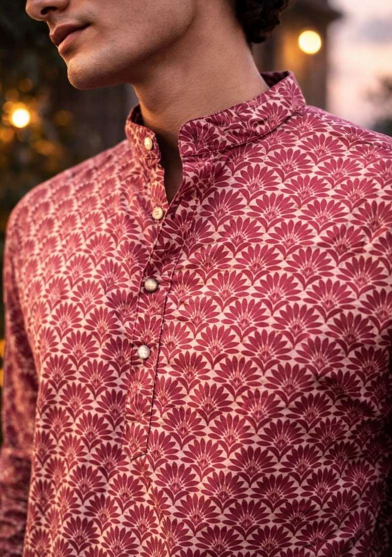 Maroon Printed Linen Kurta For Men - Indya