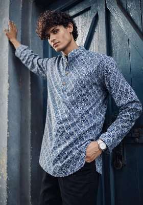 Blue Printed Linen Kurta For Men