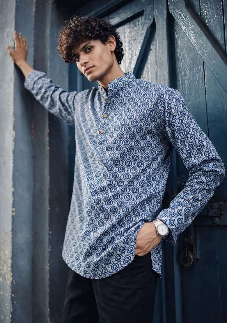 Blue Printed Linen Kurta For Men - Indya