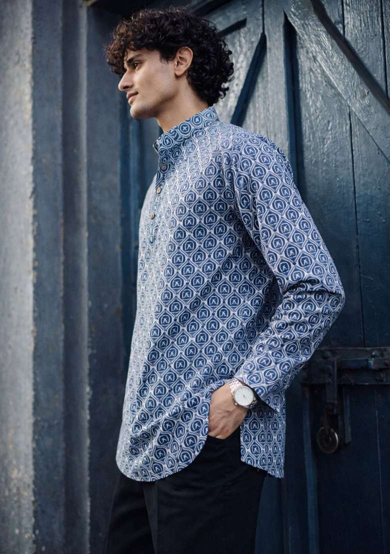 Blue Printed Linen Kurta For Men - Indya